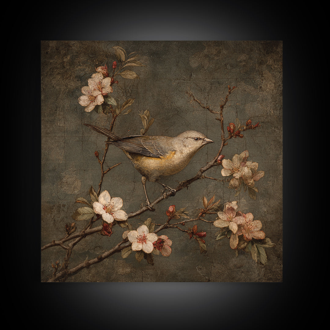 Bird Study on a Flowering Branch Framed Canvas Print, Traditional Art, Pokemon Poster, Living Room Decor, Fine Art, Classic, TRA-1x1-58