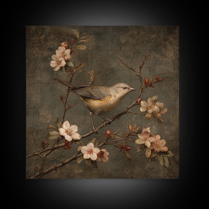 Bird Study on a Flowering Branch Framed Canvas Print, Traditional Art, Pokemon Poster, Living Room Decor, Fine Art, Classic, TRA-1x1-58