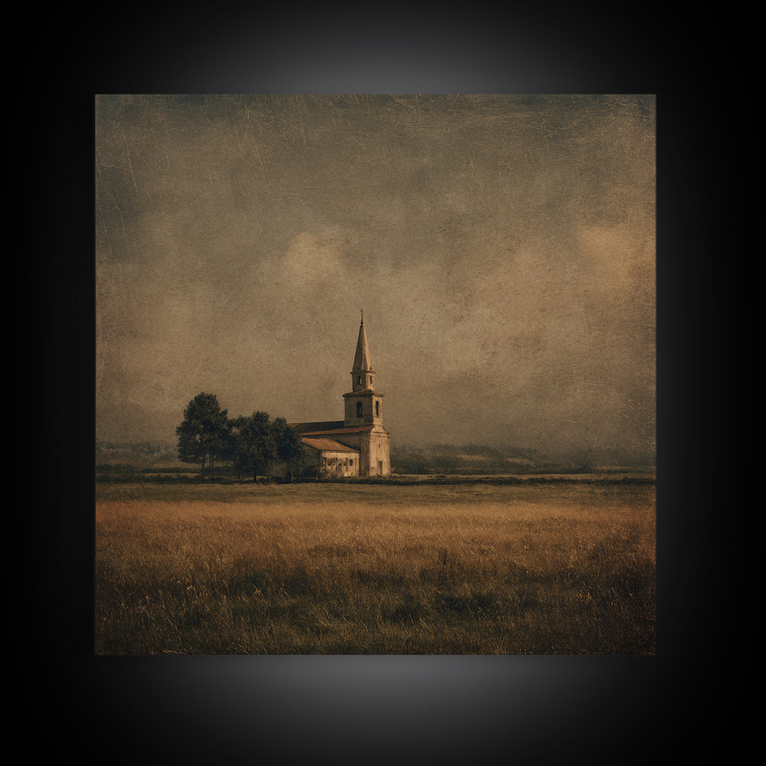 Church Steeple Across Rural Meadow Framed Canvas Print, Traditional Art, Boho Decor, Living Room Decor, Fine Art, Classic, TRA-1x1-61