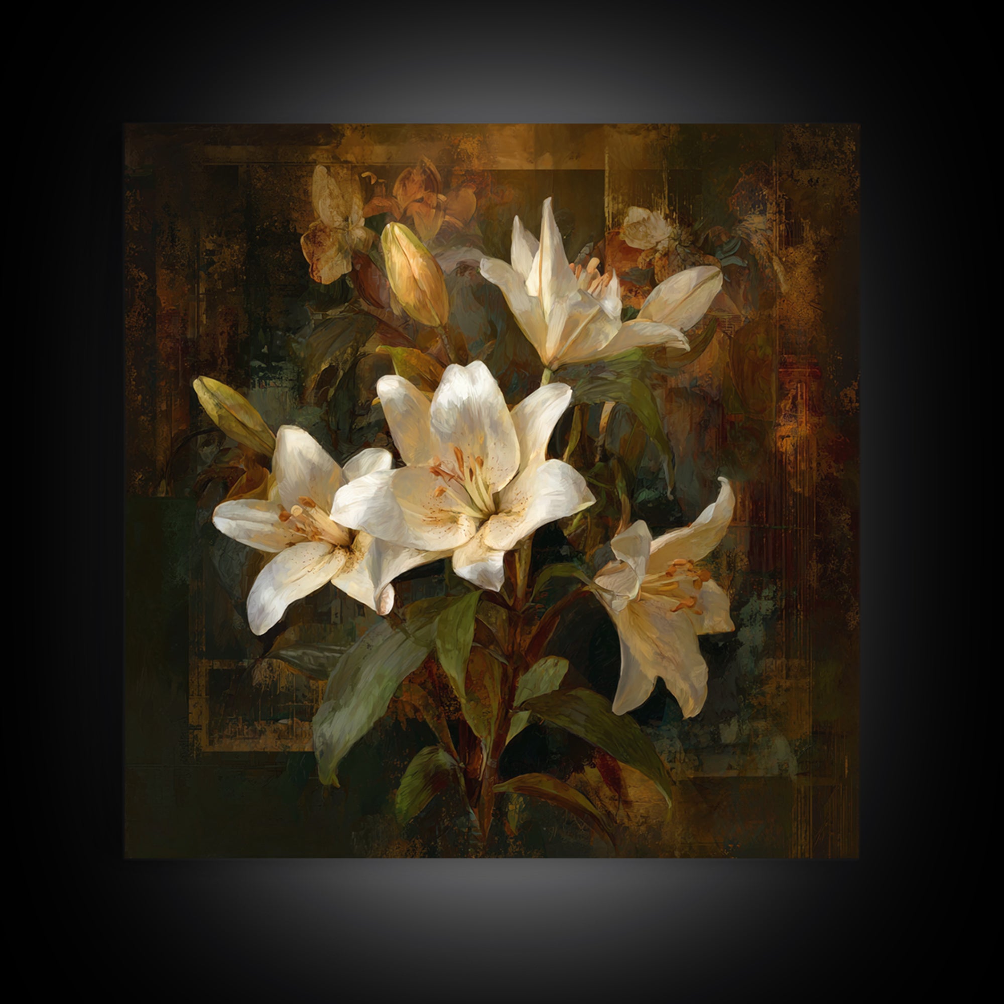 White Lilies on Dark Background Framed Canvas Print, Traditional Art, Neutral Decor, Living Room Decor, Fine Art, Classic, TRA-1x1-63