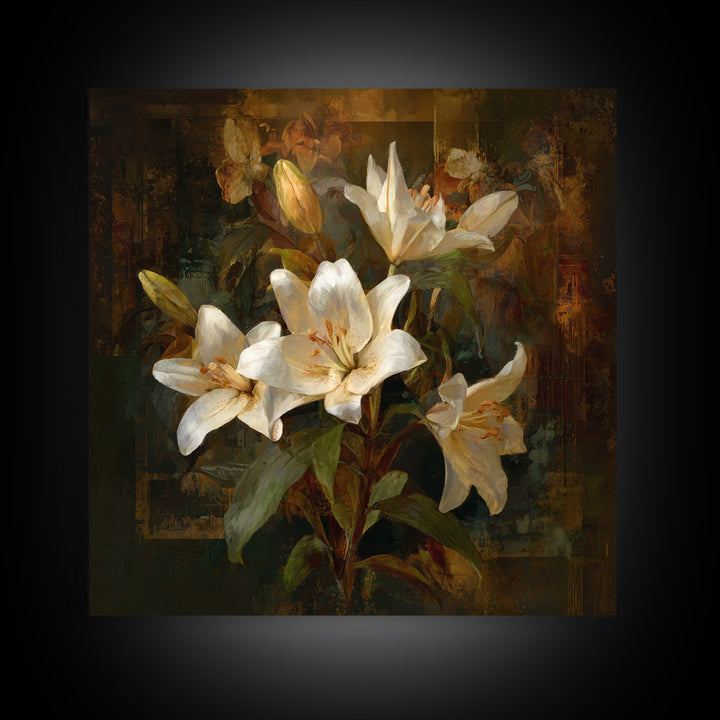 White Lilies on Dark Background Framed Canvas Print, Traditional Art, Neutral Decor, Living Room Decor, Fine Art, Classic, TRA-1x1-63