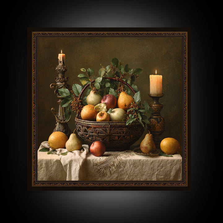 Basket of Apples and Pears on Linen Framed Canvas Print, Traditional Art, Landscape, Living Room Decor, Fine Art, Classic, TRA-1x1-66