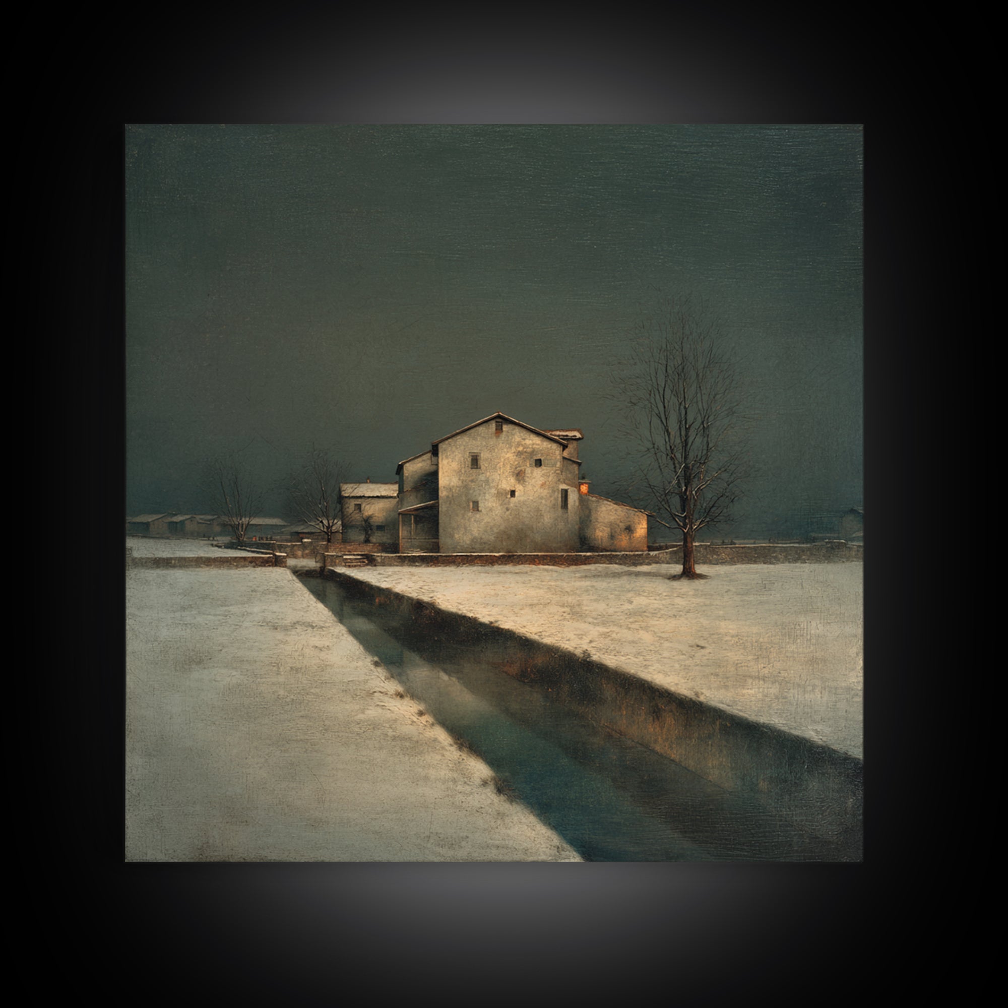 Snowy Village Landscape at Twilight Framed Canvas Print, Traditional Art, Modern Decor, Living Room Decor, Fine Art, Classic, TRA-1x1-67