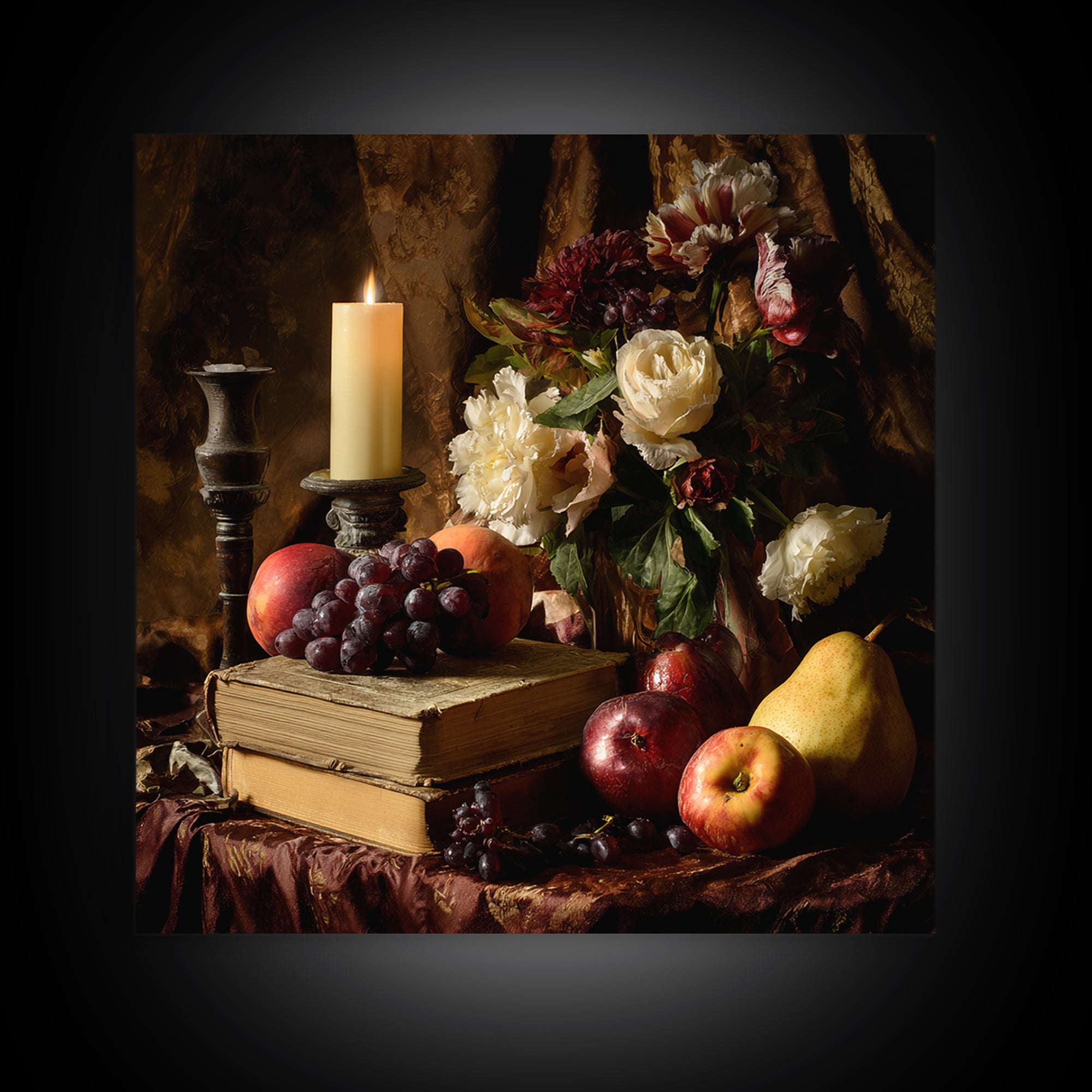 Still Life of Books Candle and Fruit Framed Canvas Print, Traditional Art, Watercolor Art, Living Room Decor, Fine Art, Classic, TRA-1x1-68