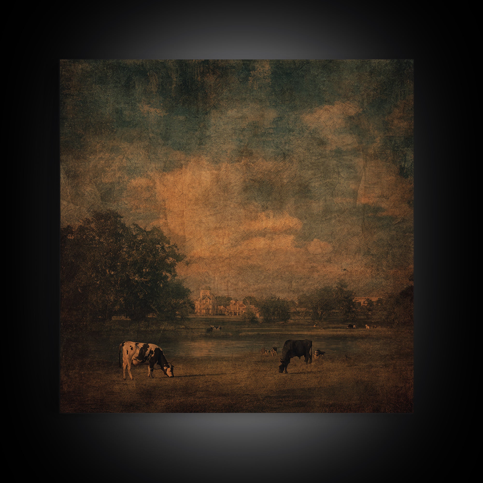 Pastoral Countryside with Cows in Field Framed Canvas Print, Traditional Art, Artwork, Living Room Decor, Fine Art, Classic, TRA-1x1-7