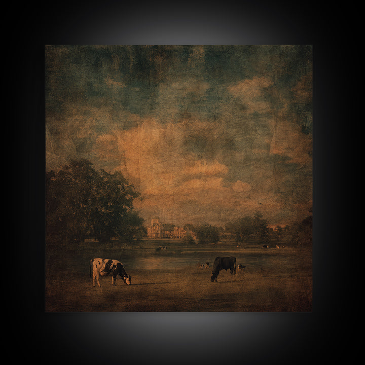 Pastoral Countryside with Cows in Field Framed Canvas Print, Traditional Art, Artwork, Living Room Decor, Fine Art, Classic, TRA-1x1-7