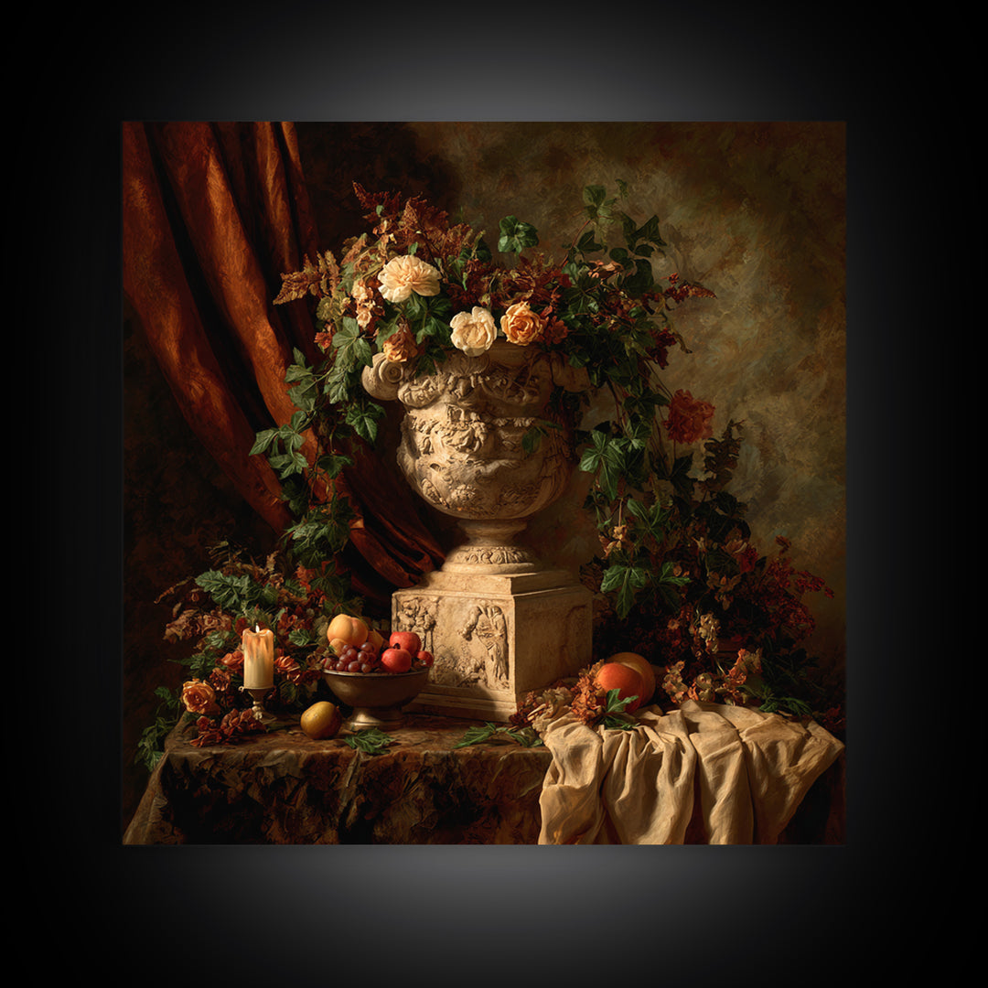 Garden Urn with Roses and Ivy Framed Canvas Print, Traditional Art, Landscape, Living Room Decor, Fine Art, Classic, TRA-1x1-72