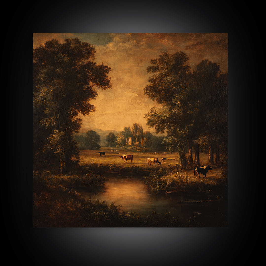 Pastoral Countryside with Cows in Field Framed Canvas Print, Traditional Art, Boho Decor, Living Room Decor, Oil Painting, TRA-1x1-79