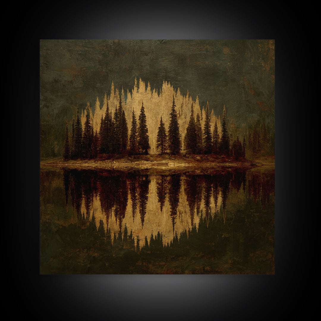 Mountain Lake with Pine Forest Reflection Canvas Print, Traditional Art, Art, Living Room Decor, Oil Painting, Classic, TRA-1x1-81