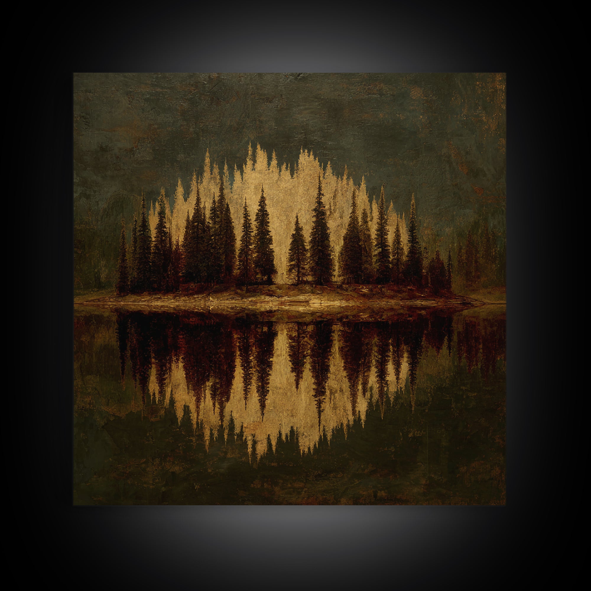 Mountain Lake with Pine Forest Reflection Canvas Print, Traditional Art, Art, Living Room Decor, Oil Painting, Classic, TRA-1x1-81
