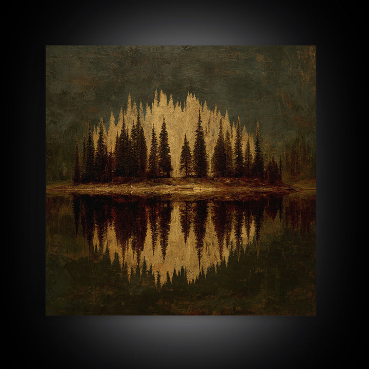 Mountain Lake with Pine Forest Reflection Canvas Print, Traditional Art, Art, Living Room Decor, Oil Painting, Classic, TRA-1x1-81