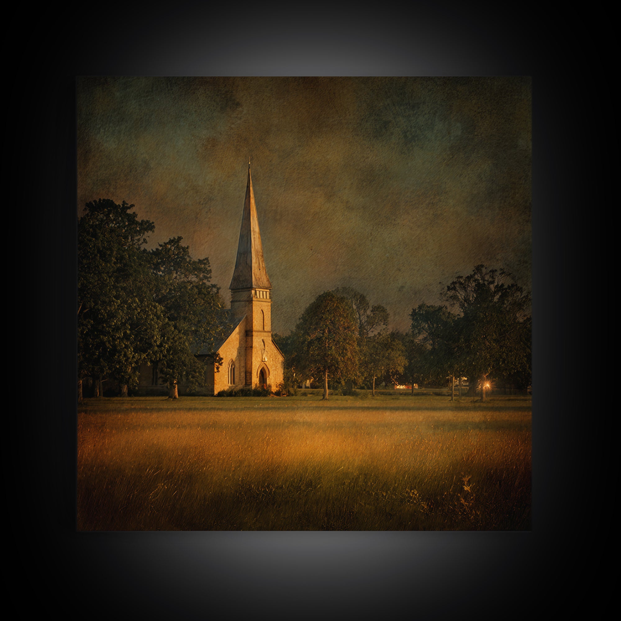 Church Steeple Across Rural Meadow Canvas Print, Traditional Art, Minimalist Decor, Living Room Decor, Oil Painting, Classic, TRA-1x1-85
