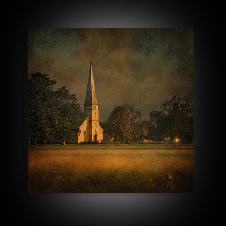 Church Steeple Across Rural Meadow Canvas Print, Traditional Art, Minimalist Decor, Living Room Decor, Oil Painting, Classic, TRA-1x1-85