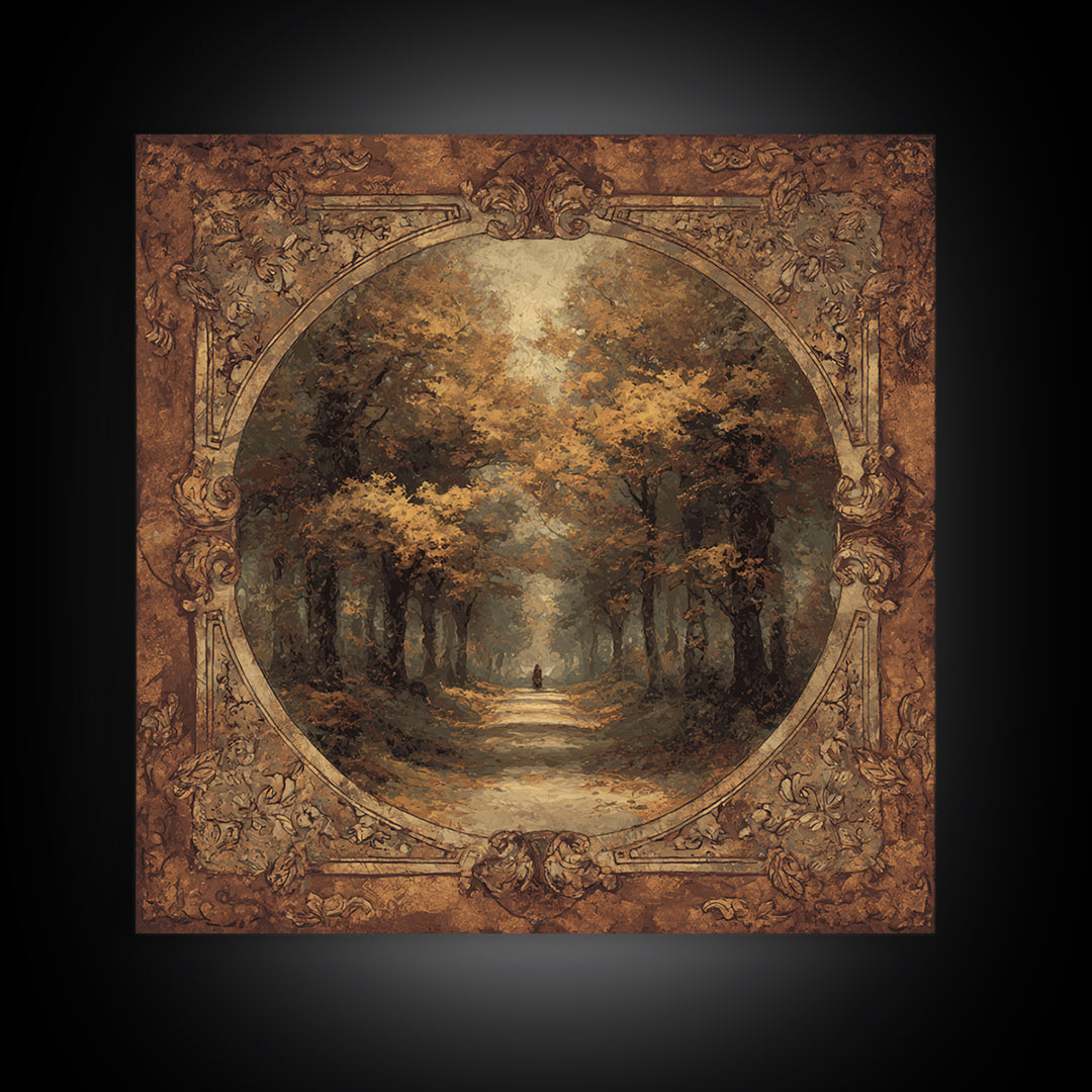 Autumn Forest Road Framed Canvas Print, Traditional Art, Minimalist Decor, Living Room Decor, Oil Painting, Classic, Boho, TRA-1x1-88