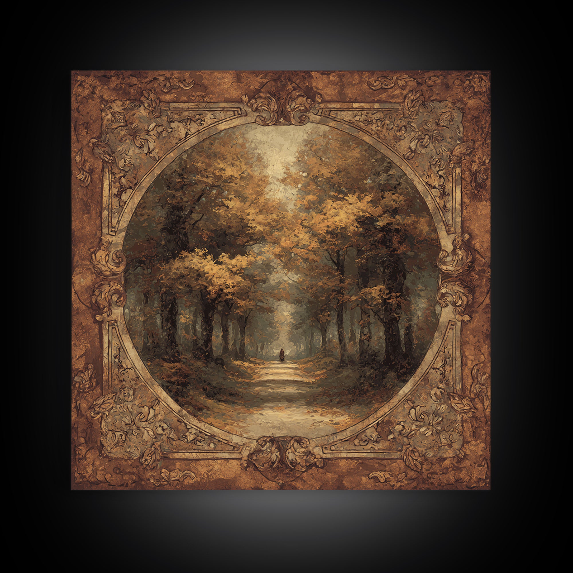 Autumn Forest Road Framed Canvas Print, Traditional Art, Minimalist Decor, Living Room Decor, Oil Painting, Classic, Boho, TRA-1x1-88