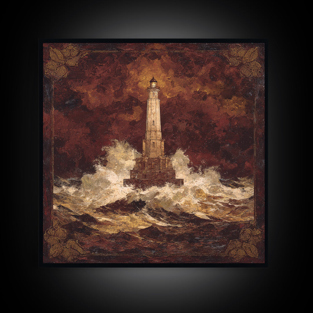 Lighthouse with Crashing Waves Framed Canvas Print, Traditional Art, Wall Art, Living Room Decor, Oil Painting, Classic, TRA-1x1-93