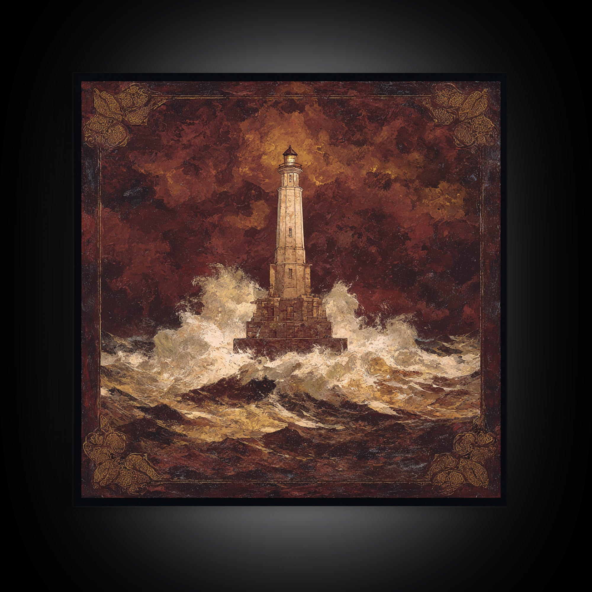 Lighthouse with Crashing Waves Framed Canvas Print, Traditional Art, Wall Art, Living Room Decor, Oil Painting, Classic, TRA-1x1-93