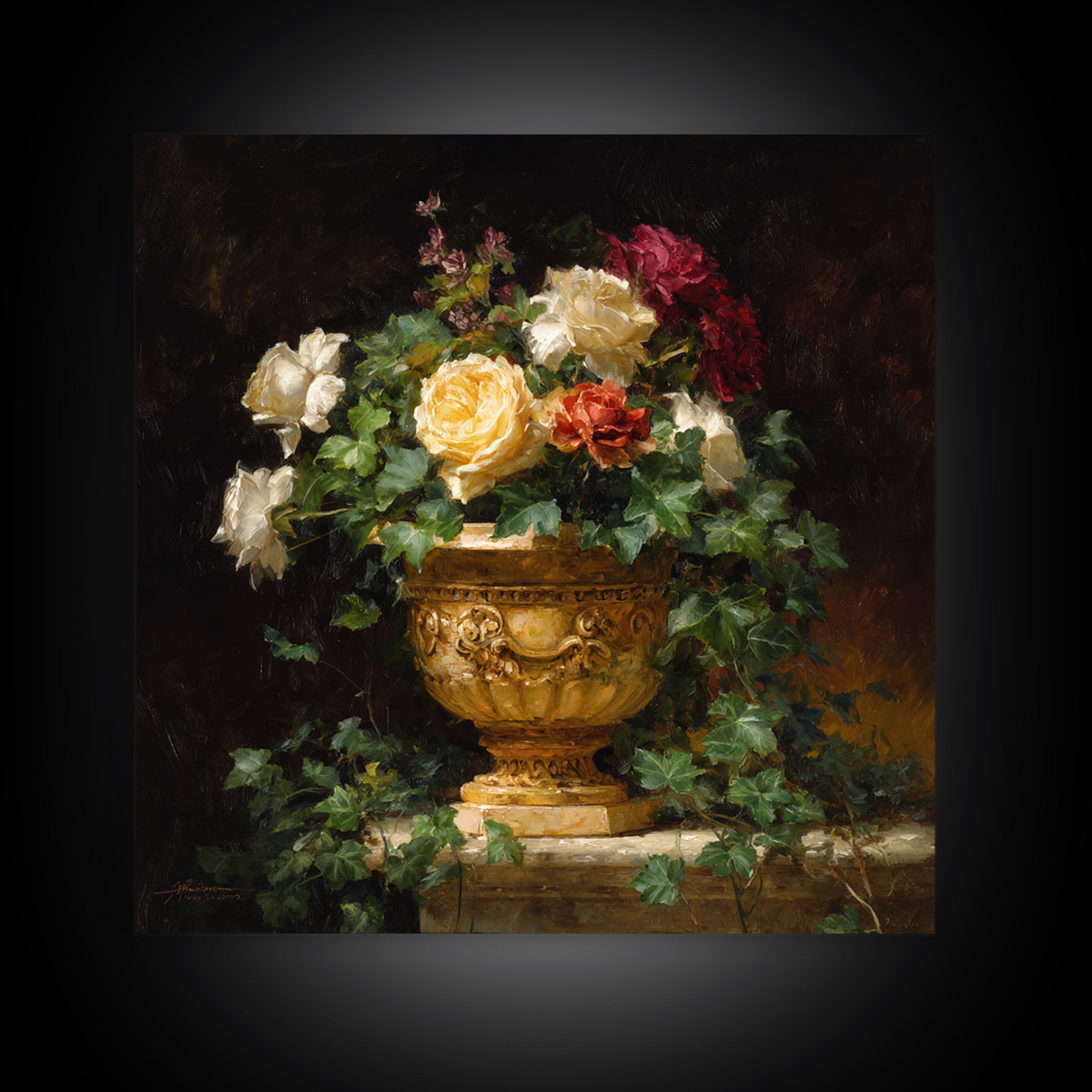 Garden Urn with Roses and Ivy Framed Canvas Print, Traditional Art, Decor, Living Room Decor, Fine Art, Classic, Japanese Art, TRA-1x1-96
