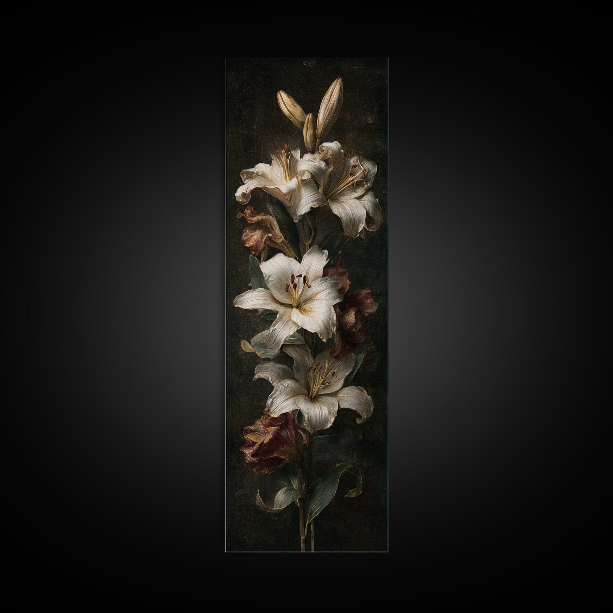 White Lilies on Dark Background Canvas Print, Traditional Art, Digital Print, Living Room Decor, Oil Painting, Classic, TRA-1x3-27