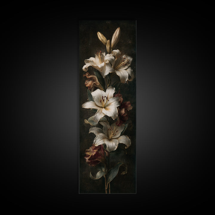 White Lilies on Dark Background Canvas Print, Traditional Art, Digital Print, Living Room Decor, Oil Painting, Classic, TRA-1x3-27