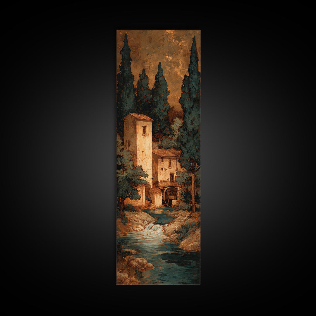 Watermill Beside a Quiet Stream Framed Canvas Print, Traditional Art, Textured Painting, Living Room Decor, Fine Art, Classic, TRA-1x3-29
