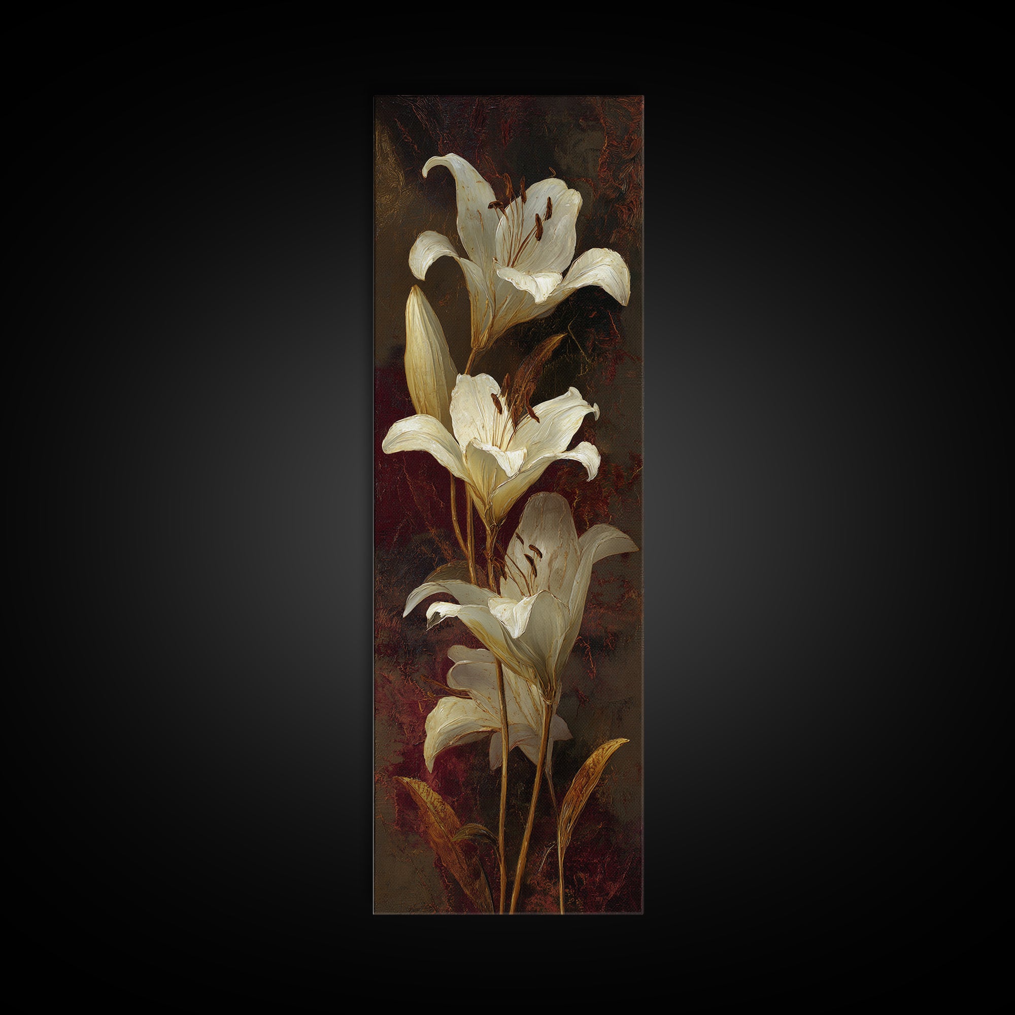 White Lilies on Dark Background Framed Canvas Print, Traditional Art, Canvas, Living Room Decor, Watercolor Art, Classic, TRA-1x3-3