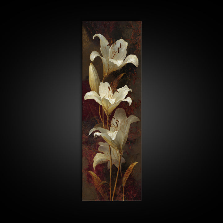 White Lilies on Dark Background Framed Canvas Print, Traditional Art, Canvas, Living Room Decor, Watercolor Art, Classic, TRA-1x3-3