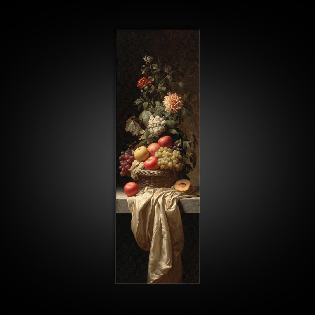 Basket of Apples and Pears on Linen Framed Canvas Print, Traditional Art, Dark Art, Living Room Decor, Abstract Art, Classic, TRA-1x3-30