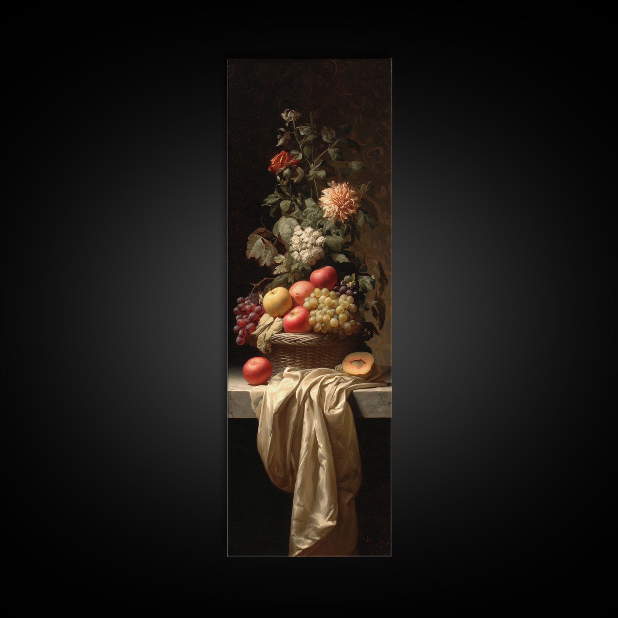 Basket of Apples and Pears on Linen Framed Canvas Print, Traditional Art, Dark Art, Living Room Decor, Abstract Art, Classic, TRA-1x3-30