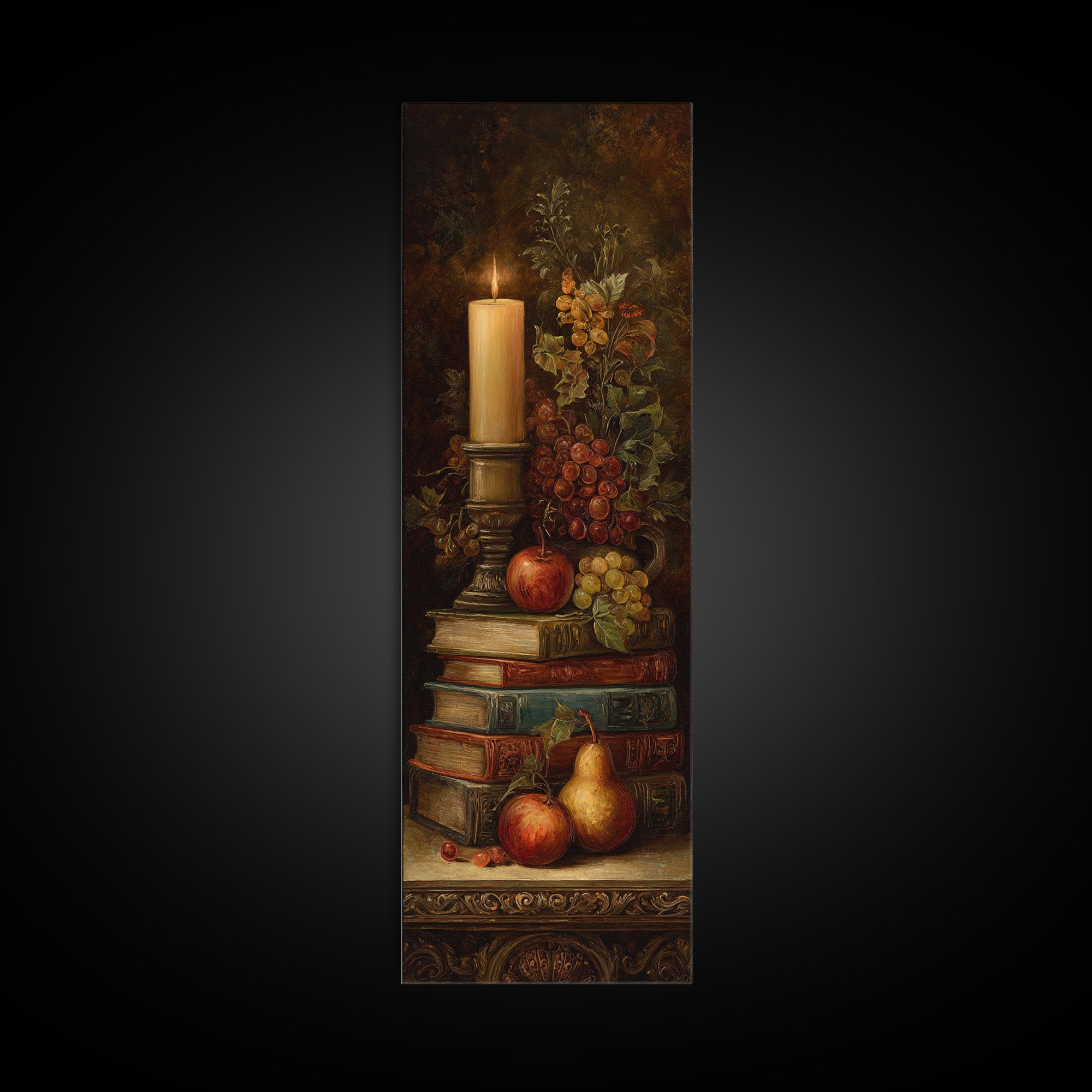 Still Life of Books Candle and Fruit Canvas Print, Traditional Art, Painting, Living Room Decor, Classic, Art Commissions, TRA-1x3-32