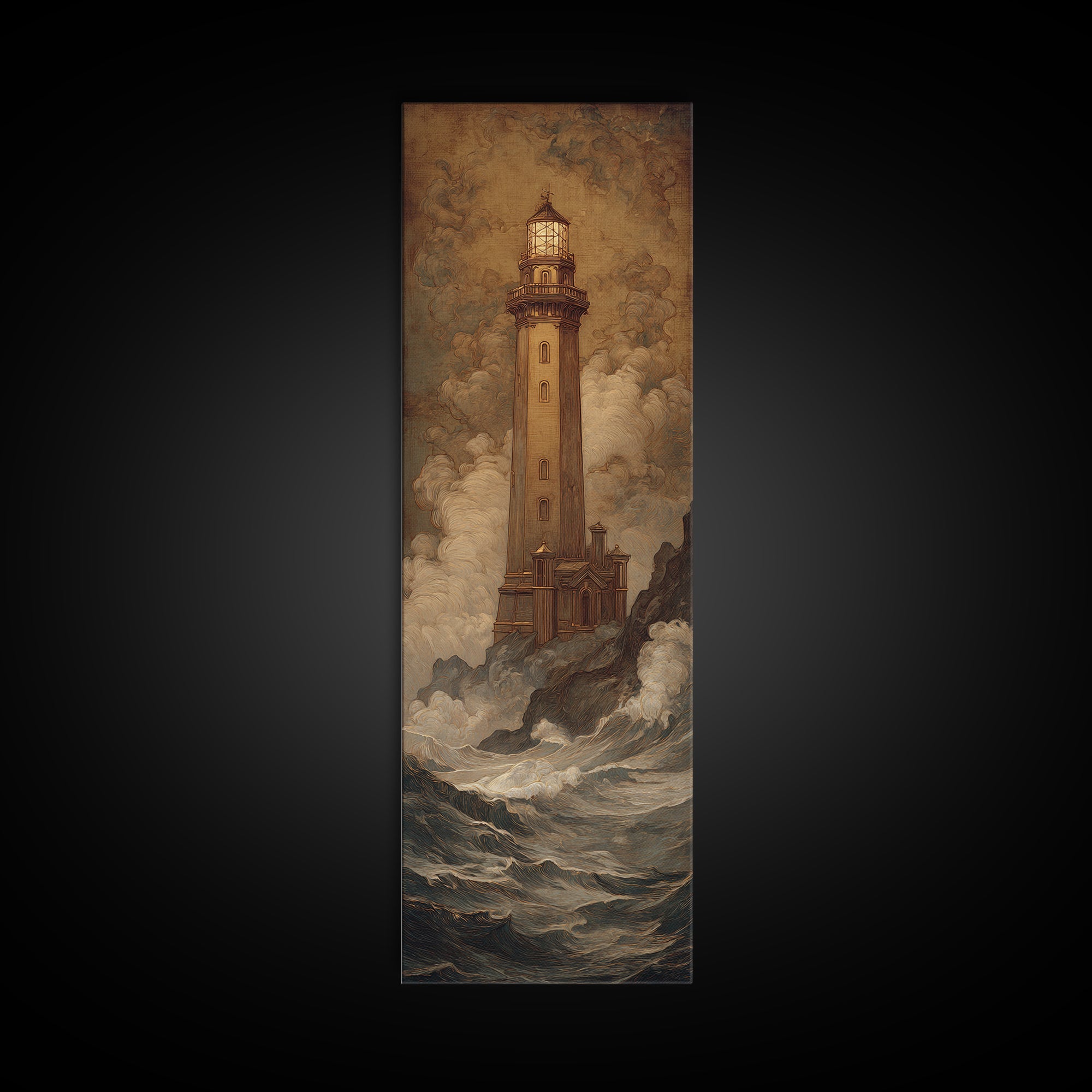 Lighthouse with Crashing Waves Canvas Print, Traditional Art, Art Commissions, Living Room Decor, Classic, Pokemon Poster, TRA-1x3-33