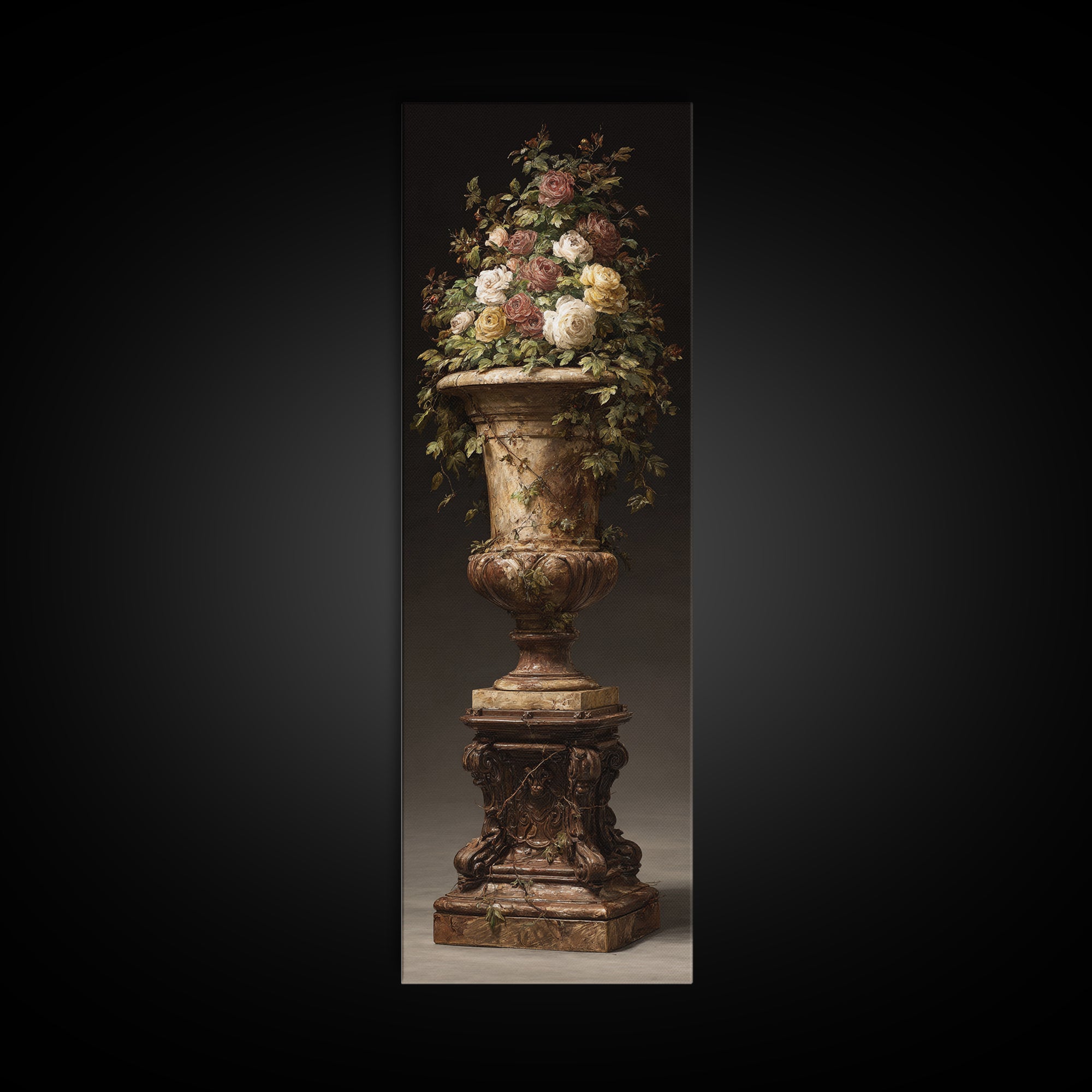 Garden Urn with Roses and Ivy Framed Canvas Print, Traditional Art, Decor, Living Room Decor, Fine Art, Classic, Japanese Art, TRA-1x3-36