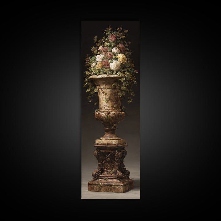 Garden Urn with Roses and Ivy Framed Canvas Print, Traditional Art, Decor, Living Room Decor, Fine Art, Classic, Japanese Art, TRA-1x3-36