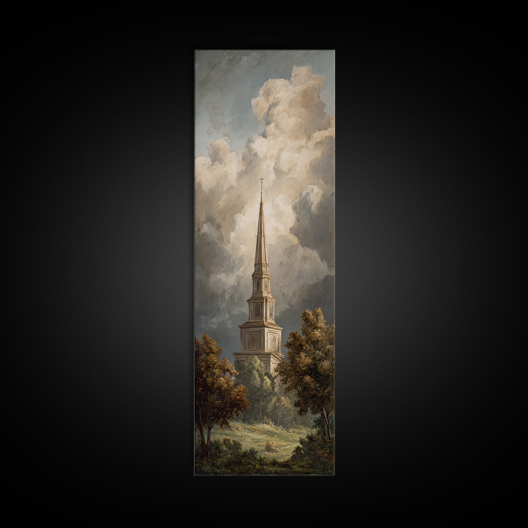 Church Steeple Across Rural Meadow Canvas Print, Traditional Art, Modern Decor, Living Room Decor, Fine Art, Classic, TRA-1x3-49