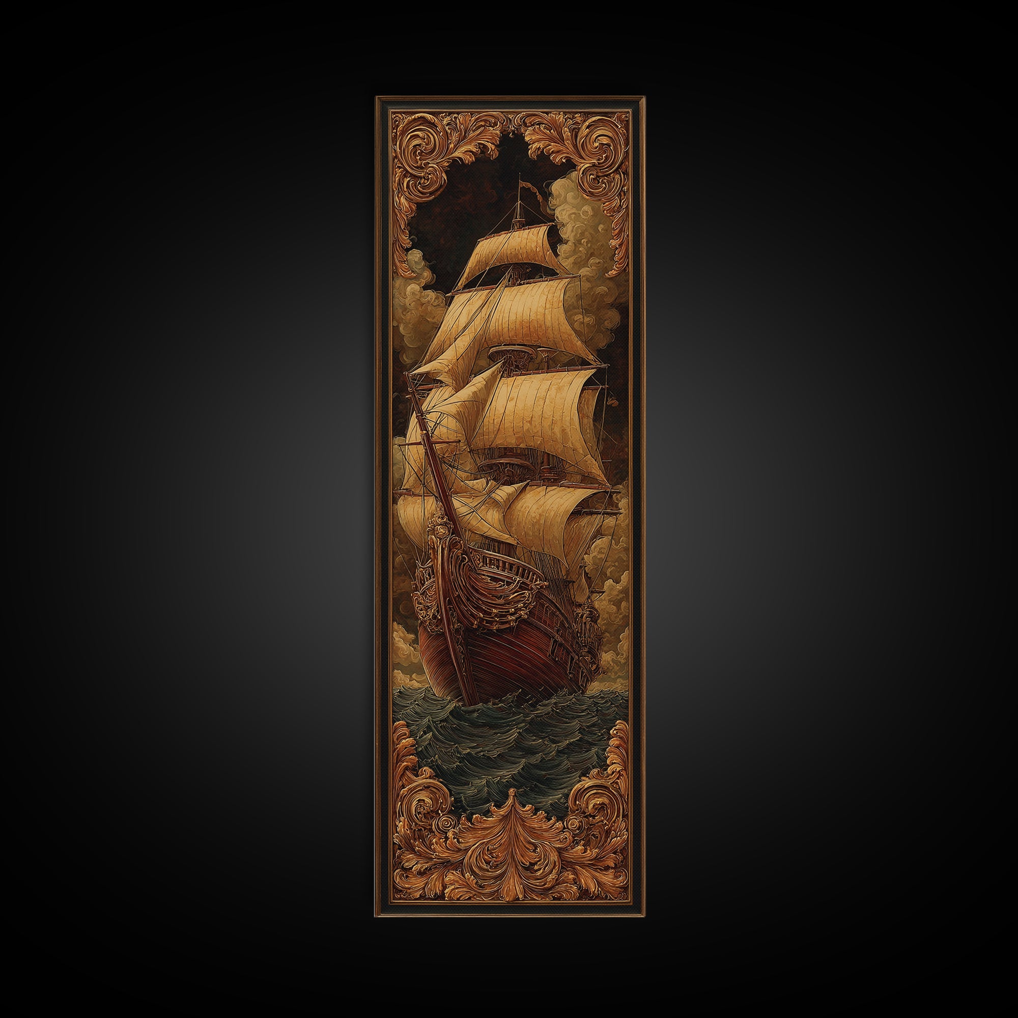 Ship at Sea Framed Canvas Print, Traditional Art, Fine Art Print, Living Room Decor, Fine Art, Classic, Wall Decor, Painting, TRA-1x3-50