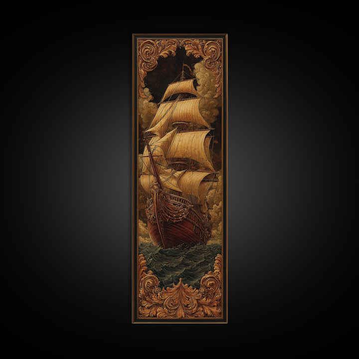 Ship at Sea Framed Canvas Print, Traditional Art, Fine Art Print, Living Room Decor, Fine Art, Classic, Wall Decor, Painting, TRA-1x3-50