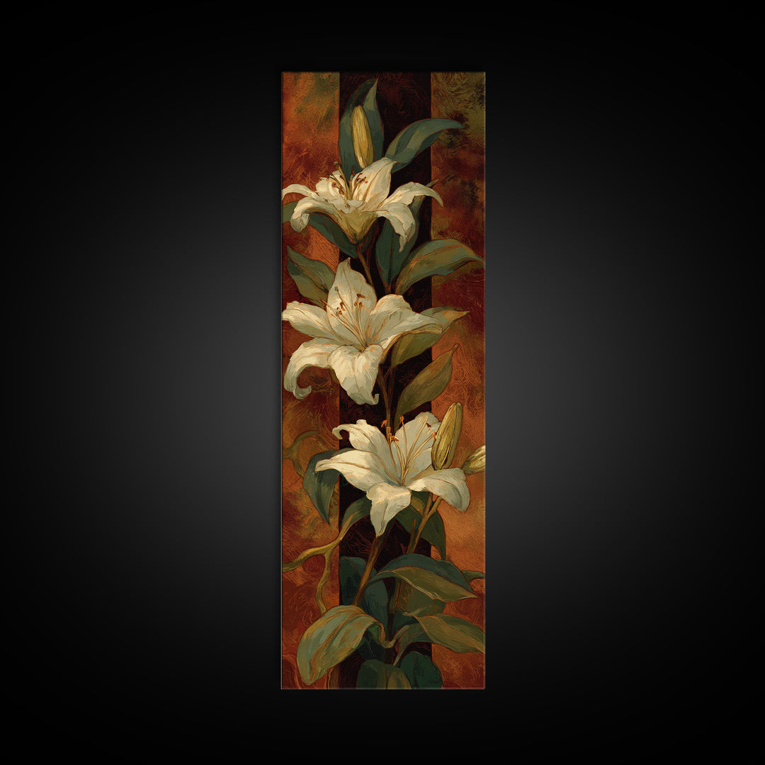 White Lilies on Dark Background Canvas Print, Traditional Art, Landscape, Living Room Decor, Abstract Art, Classic, TRA-1x3-51