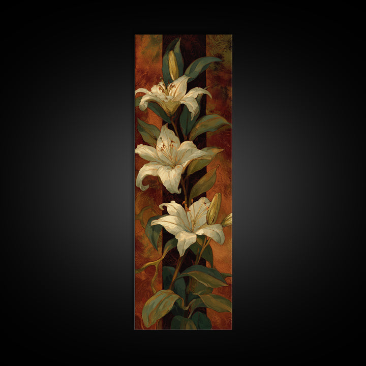 White Lilies on Dark Background Canvas Print, Traditional Art, Landscape, Living Room Decor, Abstract Art, Classic, TRA-1x3-51