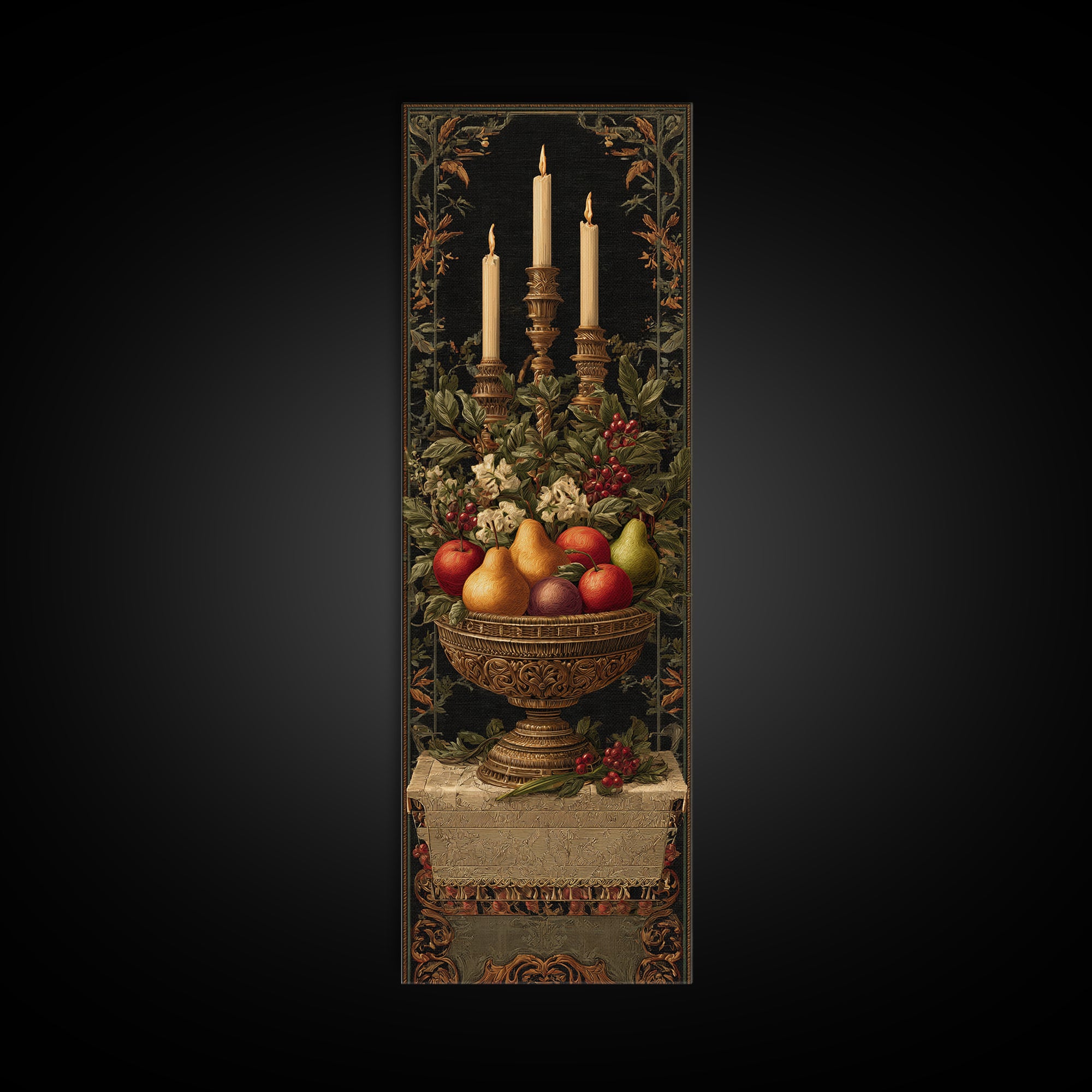 Basket of Apples and Pears on Linen Framed Canvas Print, Traditional Art, Dark Art, Living Room Decor, Abstract Art, Classic, TRA-1x3-54
