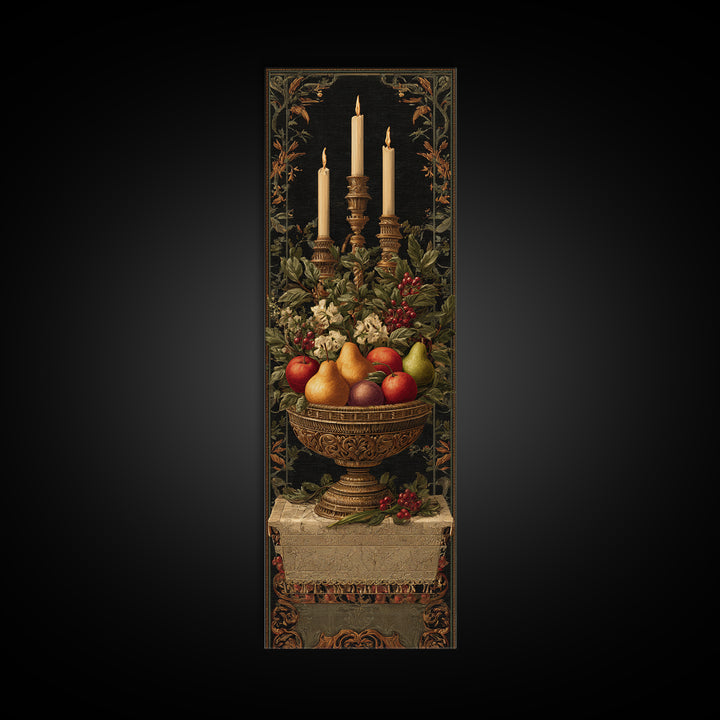 Basket of Apples and Pears on Linen Framed Canvas Print, Traditional Art, Dark Art, Living Room Decor, Abstract Art, Classic, TRA-1x3-54