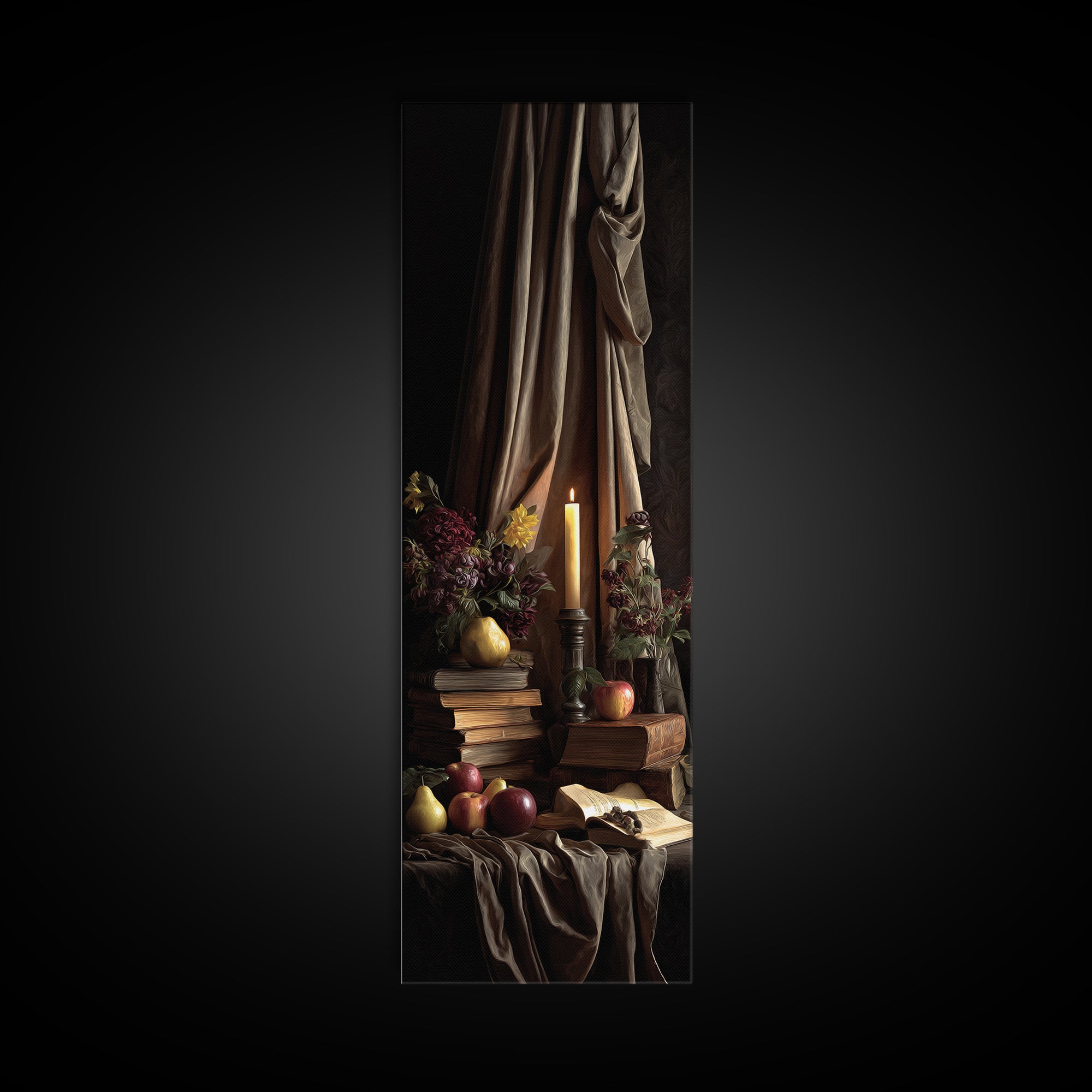 Still Life of Books Candle and Fruit Canvas Print, Traditional Art, Living Room Decor, Classic, Dark Art, Pokemon Poster, TRA-1x3-56