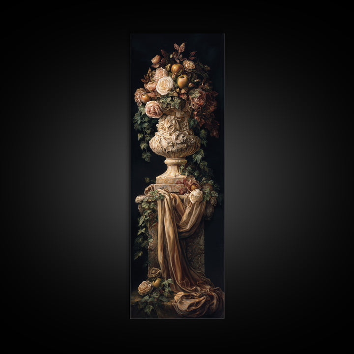 Garden Urn with Roses and Ivy Canvas Print, Traditional Art, Wall Hanging, Living Room Decor, Fine Art, Classic, Japanese Decor, TRA-1x3-60