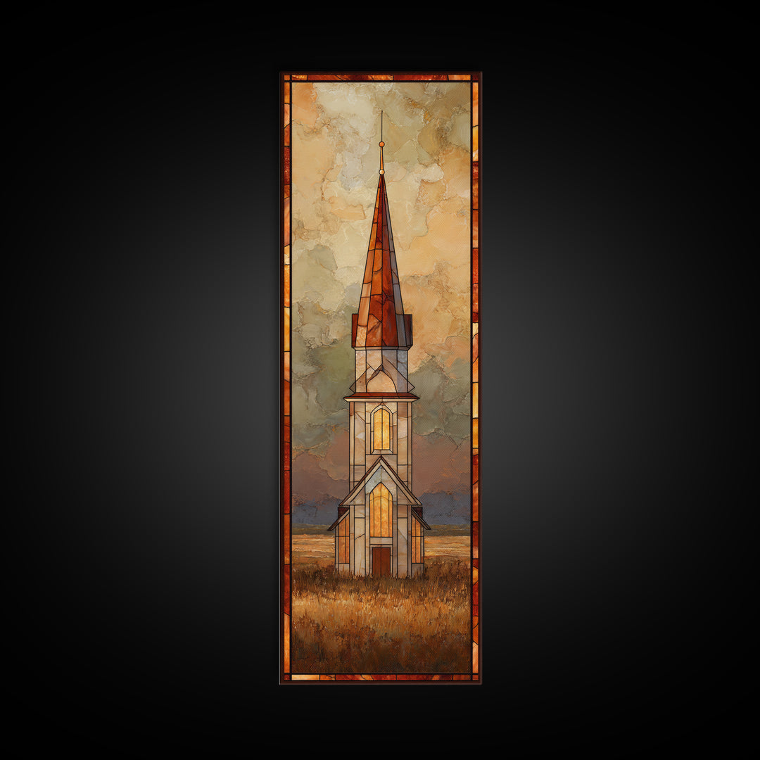 Church Steeple Across Rural Meadow Canvas Print, Traditional Art, Artwork, Living Room Decor, Oil Painting, Classic, TRA-1x3-73