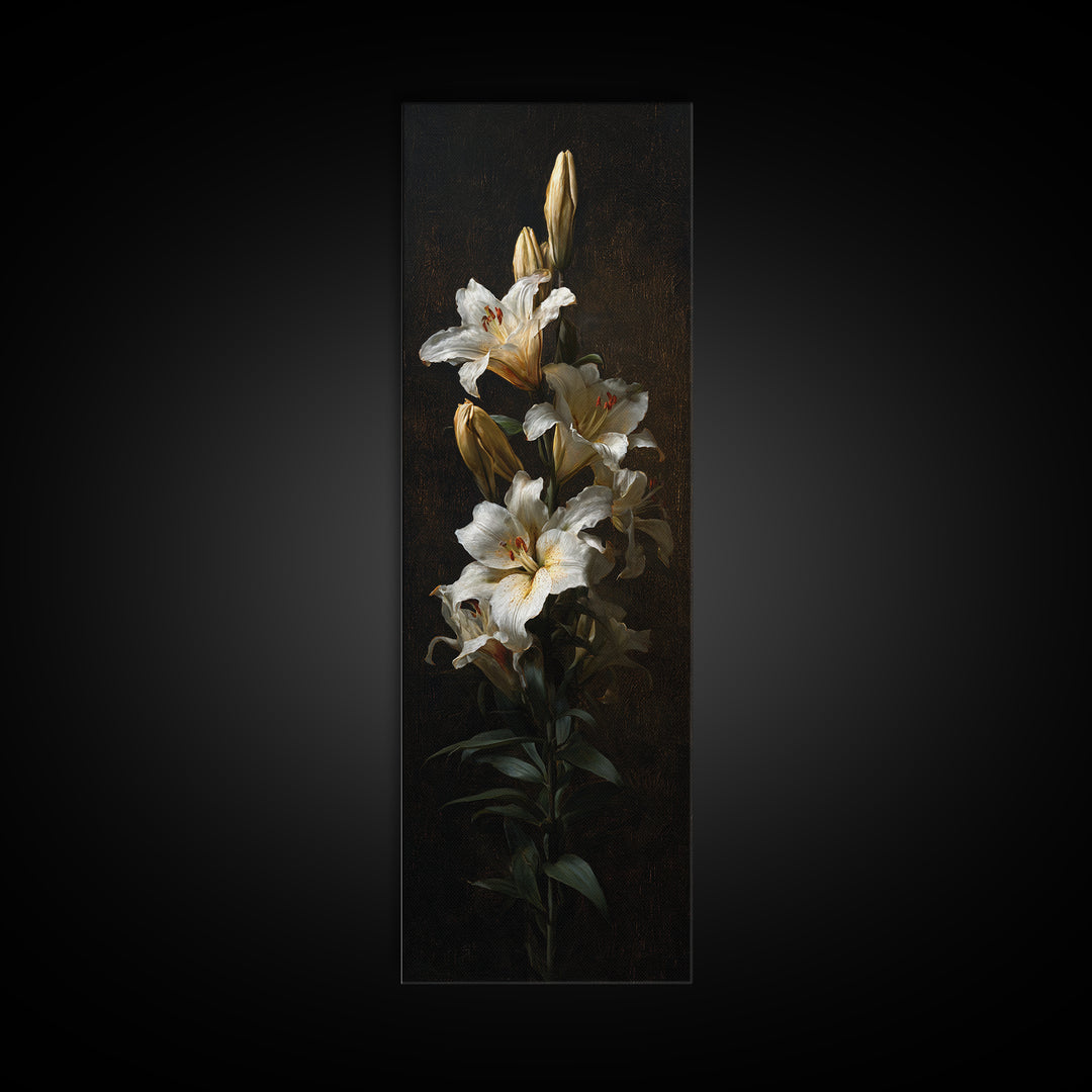 White Lilies on Dark Background Framed Canvas Print, Traditional Art, Neutral Decor, Living Room Decor, Fine Art, Classic, TRA-1x3-75