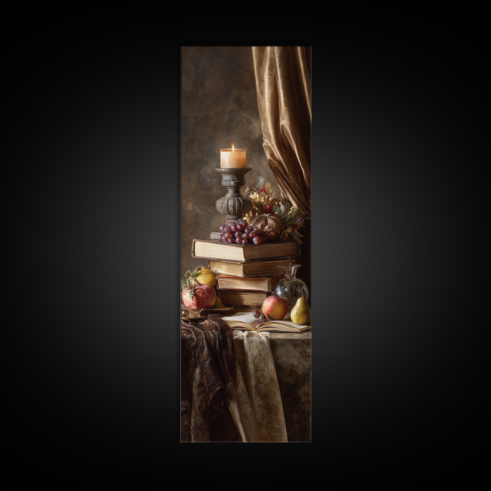 Still Life of Books Candle and Fruit Framed Canvas Print, Traditional Art, Contemporary Art, Living Room Decor, Classic, TRA-1x3-8