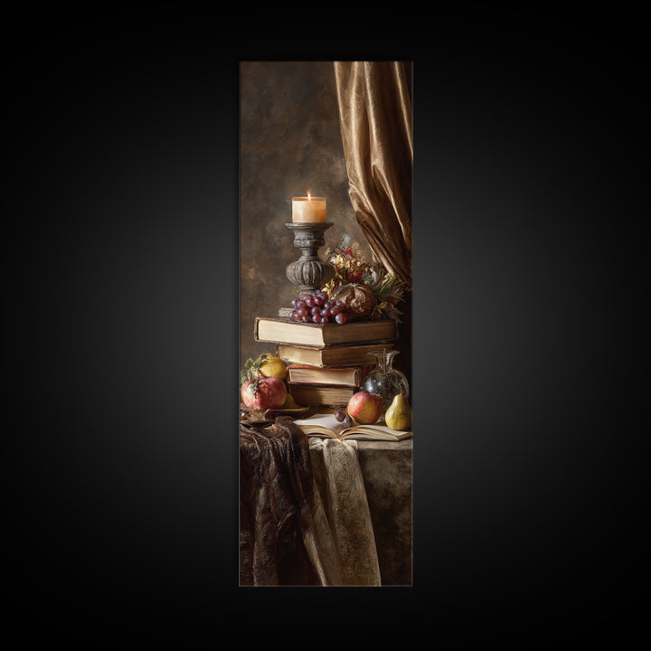 Still Life of Books Candle and Fruit Framed Canvas Print, Traditional Art, Contemporary Art, Living Room Decor, Classic, TRA-1x3-8