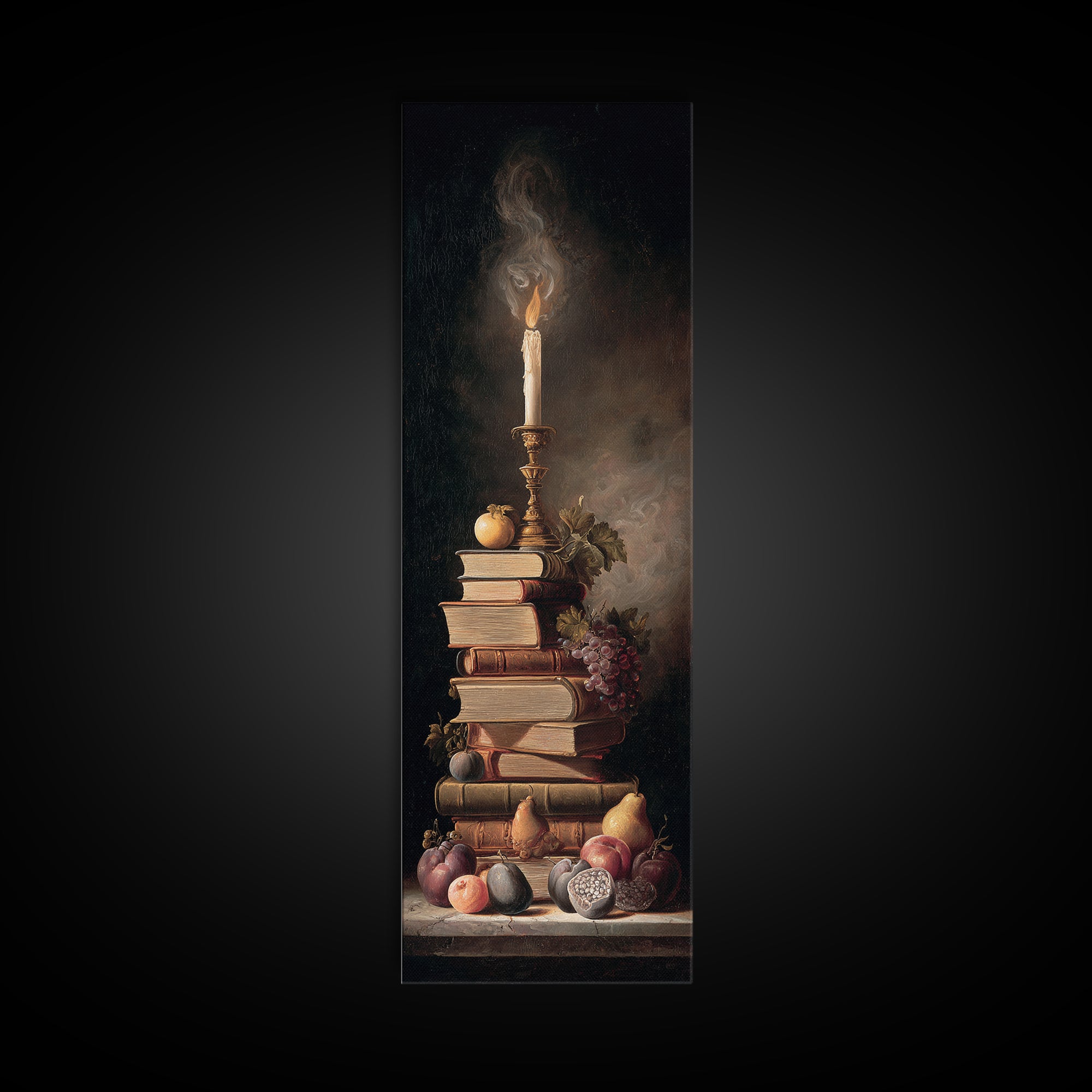 Still Life of Books Candle and Fruit Framed Canvas Print, Traditional Art, Watercolor Art, Living Room Decor, Fine Art, Classic, TRA-1x3-80