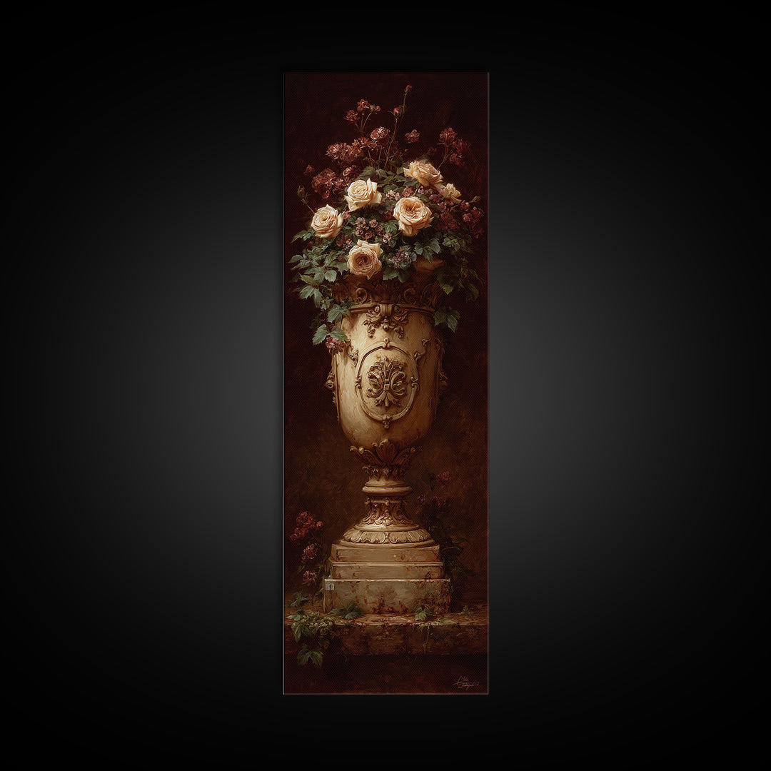 Garden Urn with Roses and Ivy Framed Canvas Print, Traditional Art, Art Commissions, Living Room Decor, Oil Painting, Classic, TRA-1x3-84