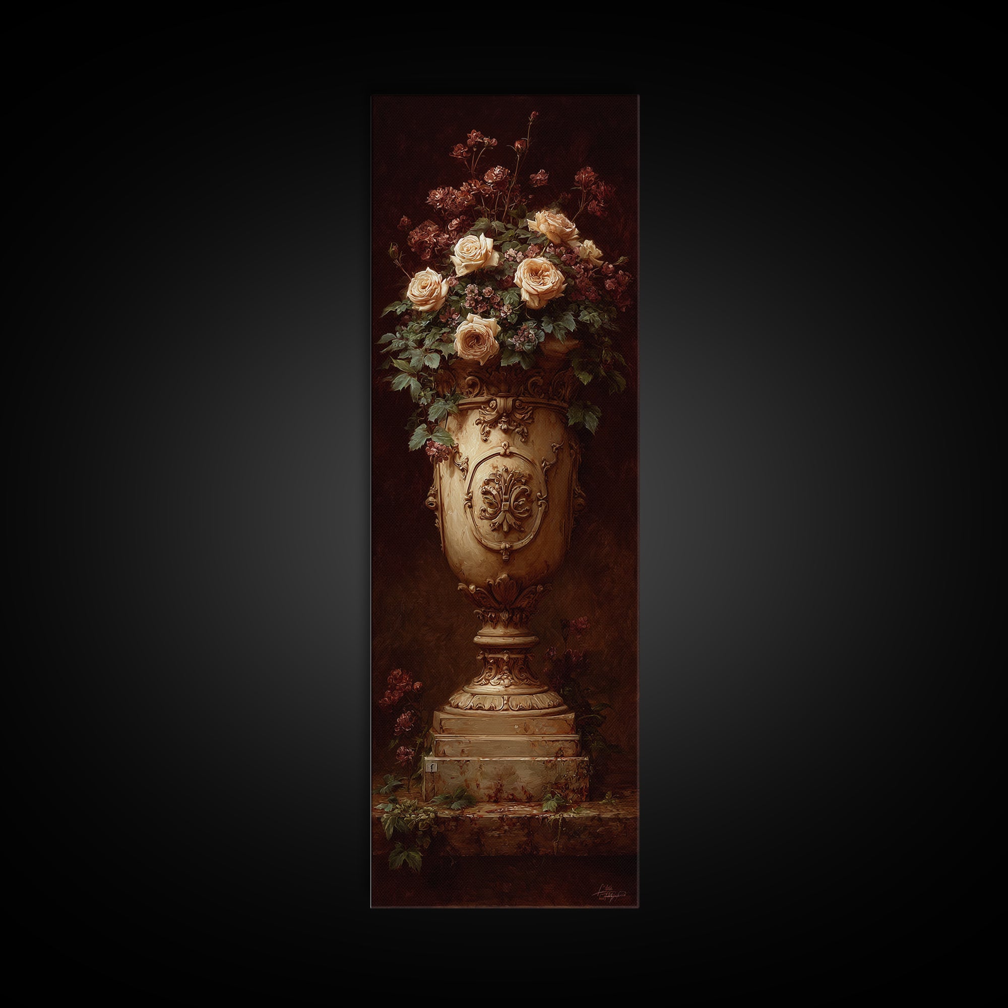 Garden Urn with Roses and Ivy Framed Canvas Print, Traditional Art, Art Commissions, Living Room Decor, Oil Painting, Classic, TRA-1x3-84
