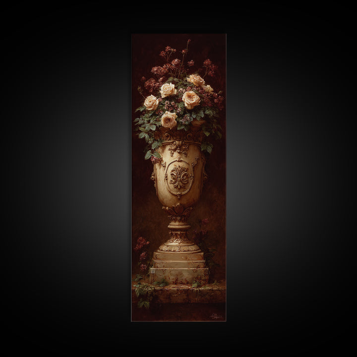 Garden Urn with Roses and Ivy Framed Canvas Print, Traditional Art, Art Commissions, Living Room Decor, Oil Painting, Classic, TRA-1x3-84